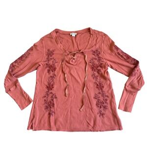 Sundance Floral Embroidered Thermal Womens S‎ Orange Waffle Knit Long Sleeve